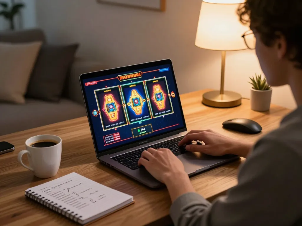 Player enjoying a slot machine game on 789win website in a cozy home setting.