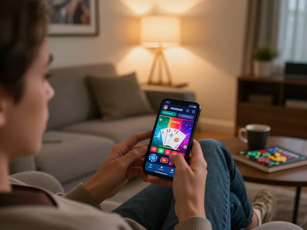 Player enjoying cm88 mobile gaming on stylish couch with vibrant app display and cozy atmosphere.