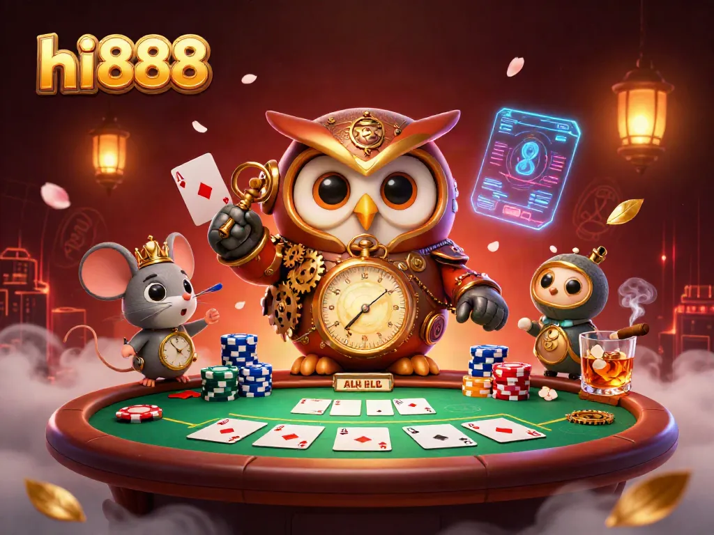 Experience the excitement of hi888's online casino with a vibrant, action-packed 3D illustration featuring poker and casino elements.