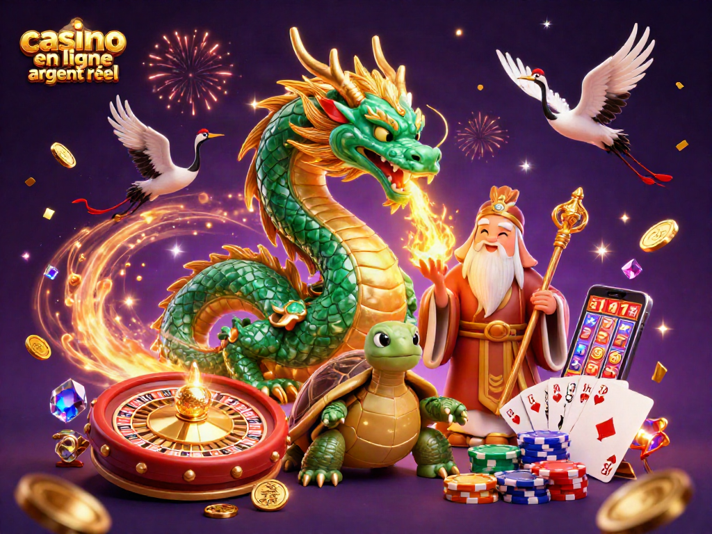 Profitez d'une illustration dynamique de casino en ligne argent réel avec un dragon émeraude et des pièces d'or.