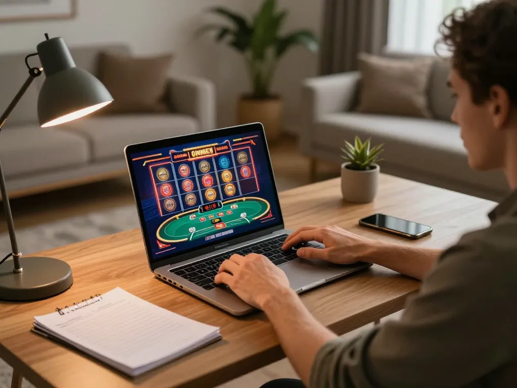 Engaged player analyzing strategies at a reputable online casino, showcasing nhà cái cá cược uy tín.