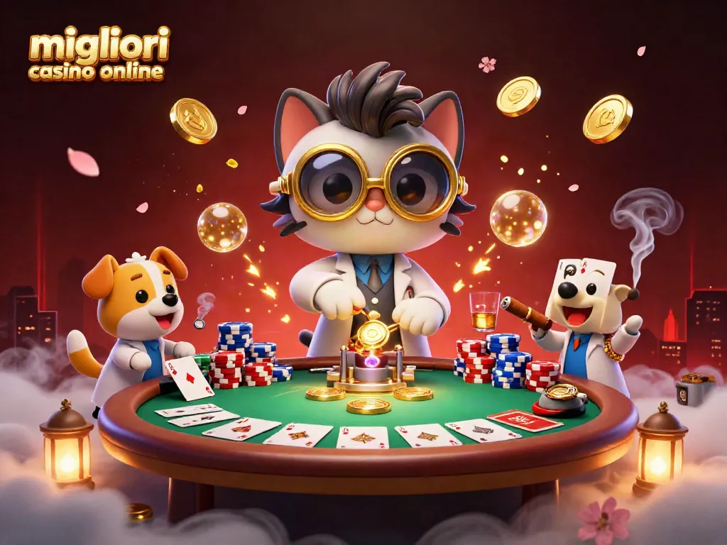 Scopri i migliori casino online con un'illustrazione vivace di un gatto scienziato e il suo fedele assistente.