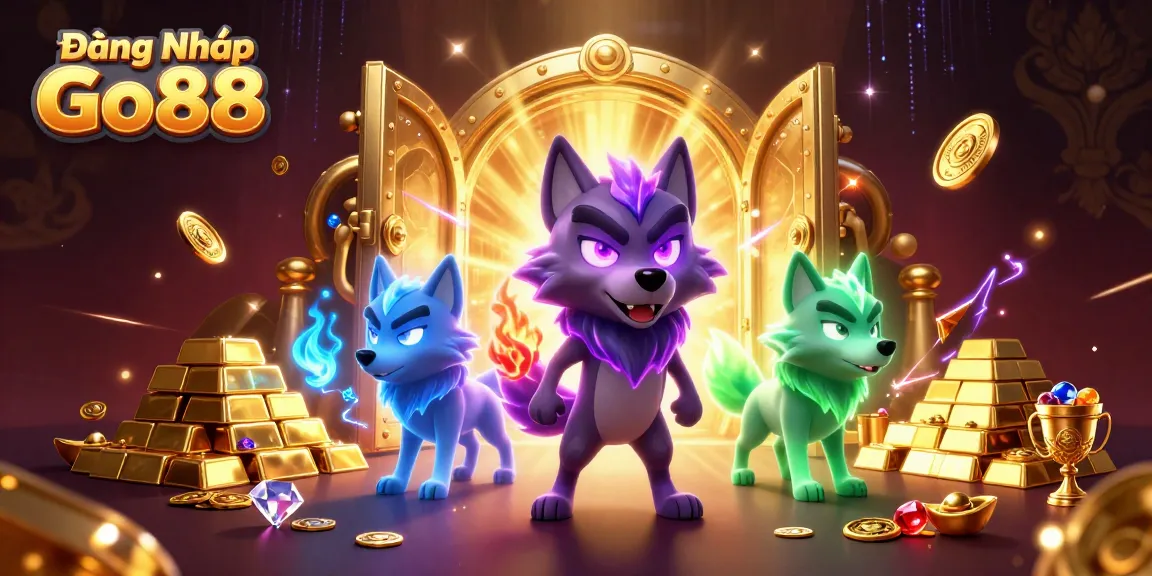 Engage in Đăng Nhập Go88 with vibrant 3D wolf characters amidst a rich casino treasure scene