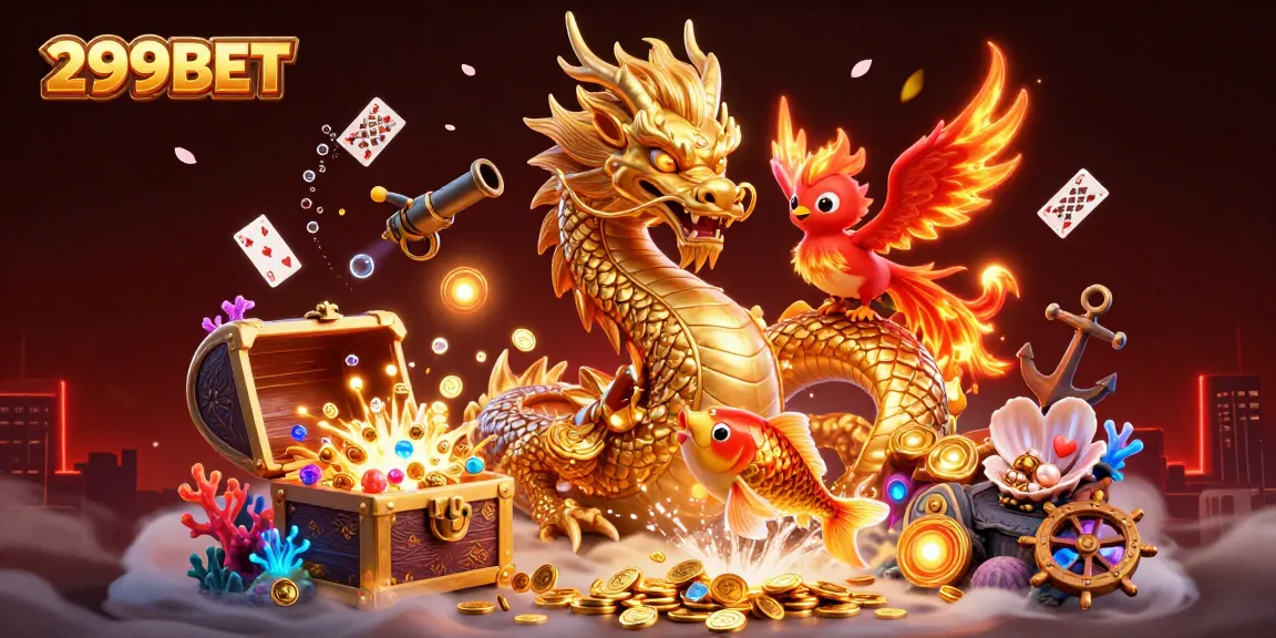 Play exciting games with 299BET, featuring vibrant casino elements and mythical characters.