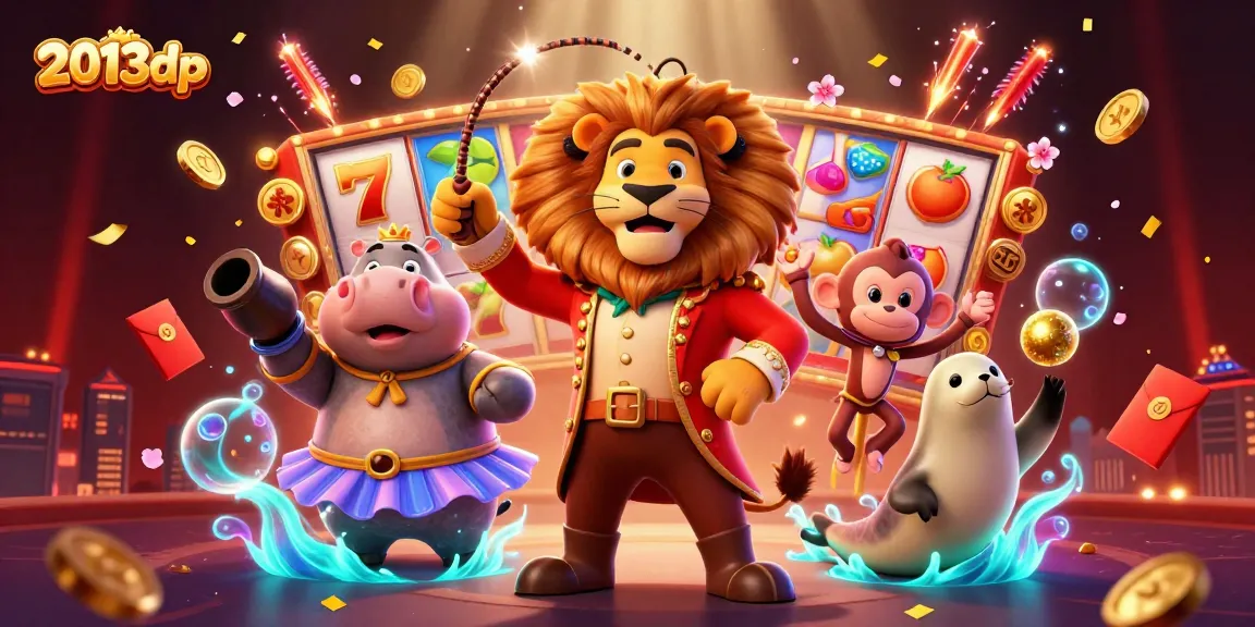 Experience the thrill of 2013dp with a lively casino scene featuring a lion ringmaster, hippo, monkey, and seal amid slot reels and vibrant effects.
