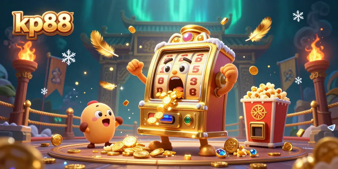 kp88 celebrates winning jackpots with lively slot machines and golden tokens in this dynamic casino scene.