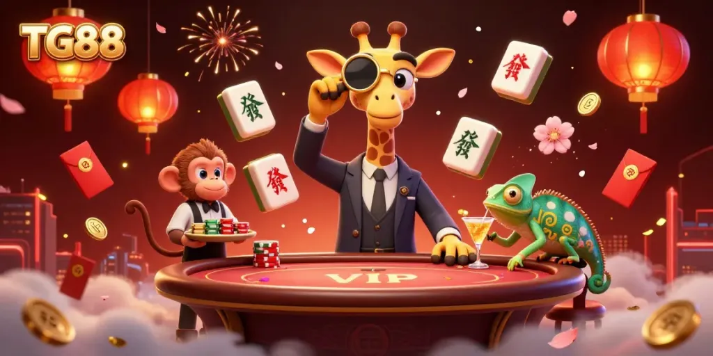 Experience excitement with TG88’s 3D high-roller giraffe and dynamic casino scene.
