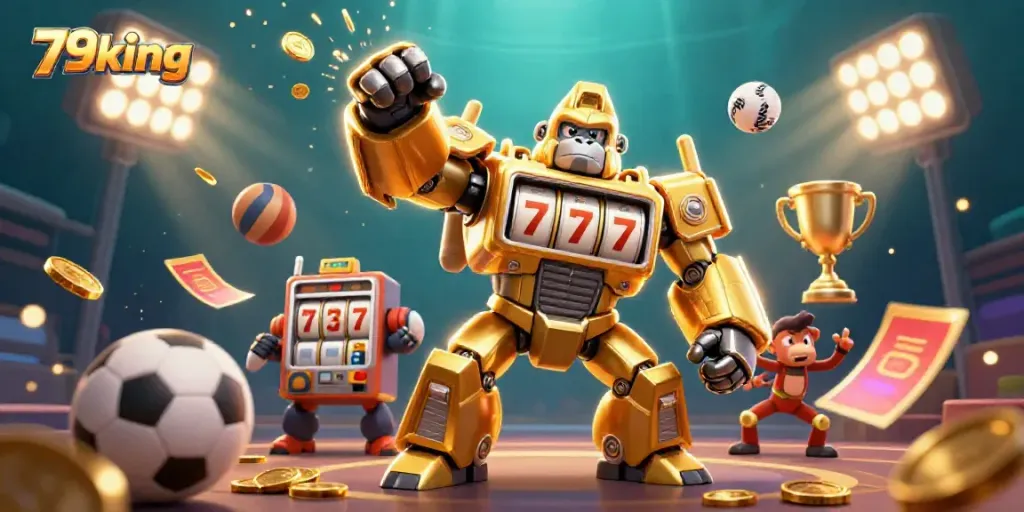 Experience thrilling action with 79king as a golden gorilla mech bursts through a sea of coins and sports balls.