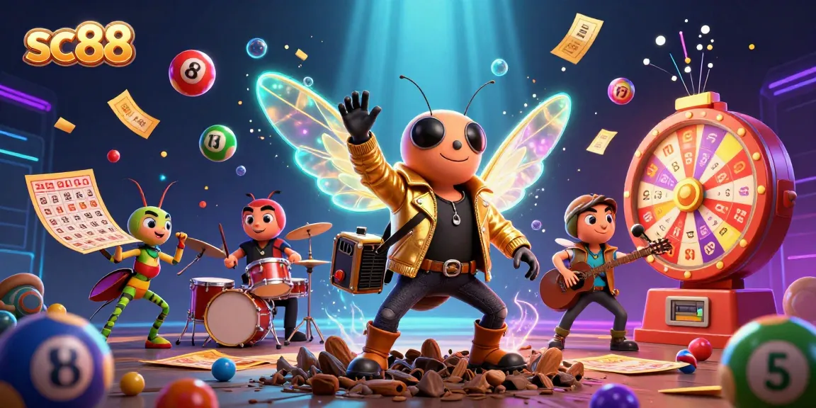 Win big at sc88 with a colorful scene of a rock star cicada and casino elements bursting with excitement.