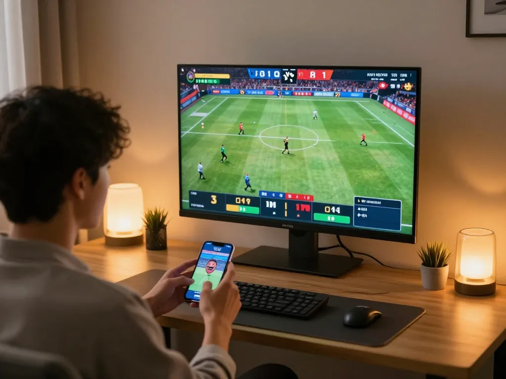Person engaging in keonhacai sports betting, celebrating wins with a smartphone in a cozy home setting