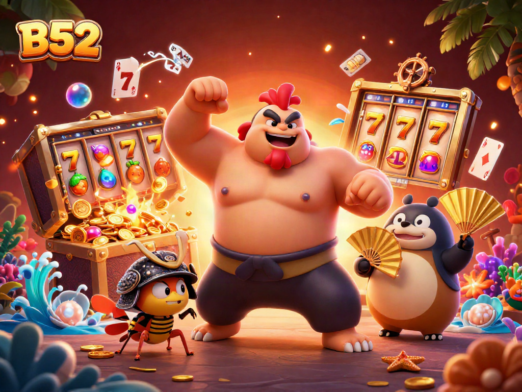 B52 slots scene featuring a powerful sumo wrestler rooster and a fierce cricket amidst vibrant casino elements.