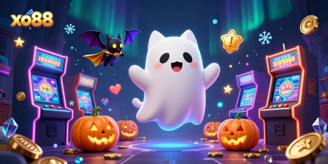 xo88 haunted casino scene featuring a ghost cat and bat, rich in gaming elements.