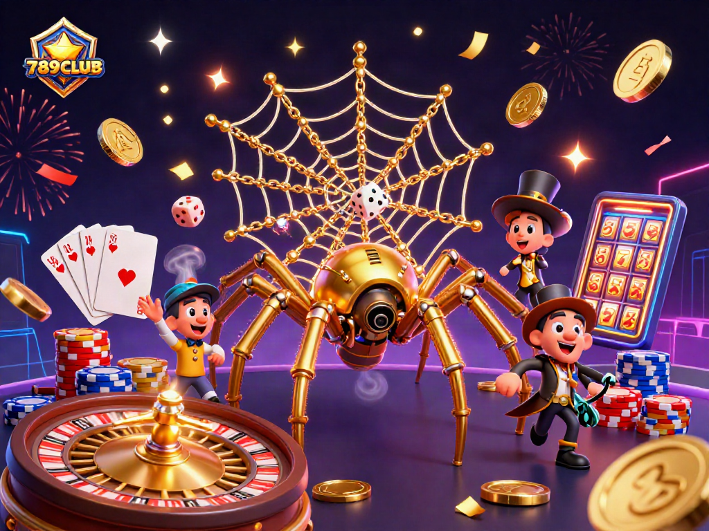 Spin to win at 789CLUB with golden chains and vibrant casino elements.