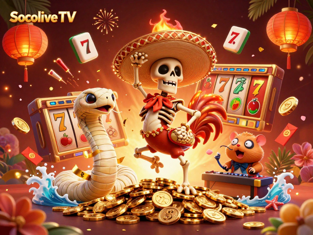 Socolive TV showcases a vibrant 3D dynamic casino scene with characters celebrating amidst slot reels and gold coins.