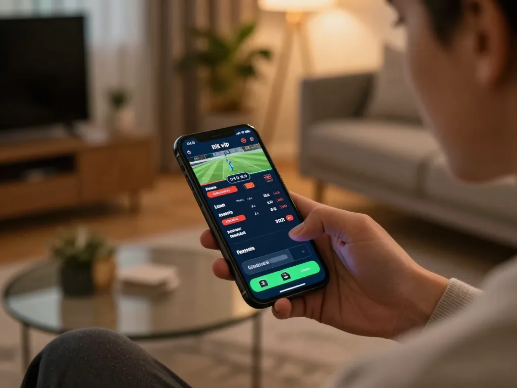 Person using the rik vip app for live sports betting in a cozy home setting.