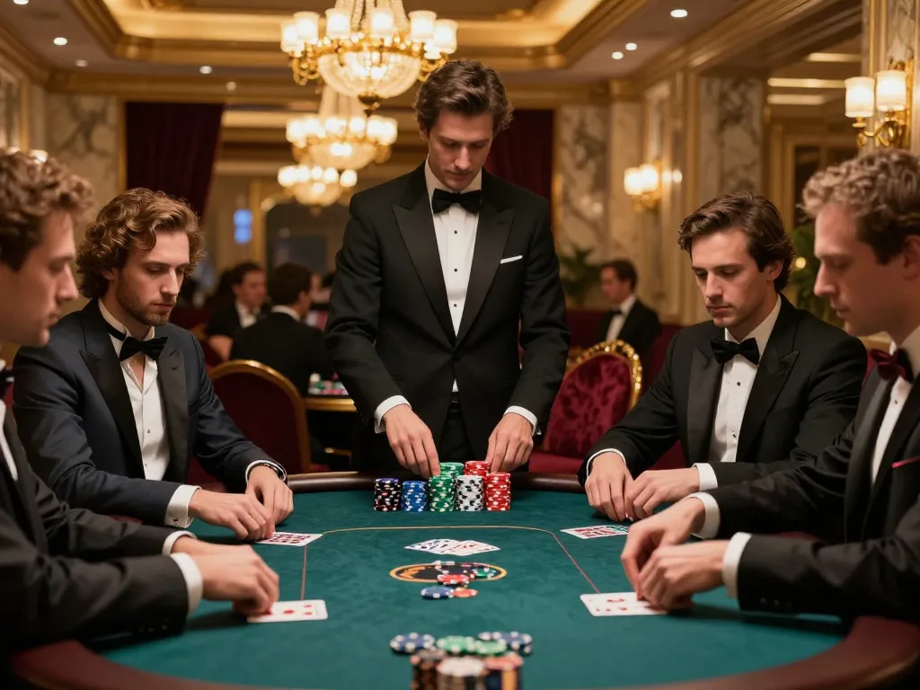 Pemain yang merancang strategi di meja poker kasino Paris, menampilkan permainan yang menarik dan suasana yang hidup