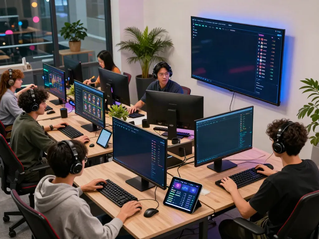 Bro138 gaming hub showcasing slot games and collaborative gamers in a vibrant workspace.
