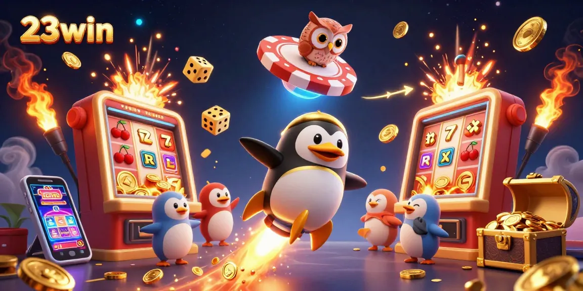 Experience thrilling games with 23win as the penguin and lucky symbols celebrate big wins.