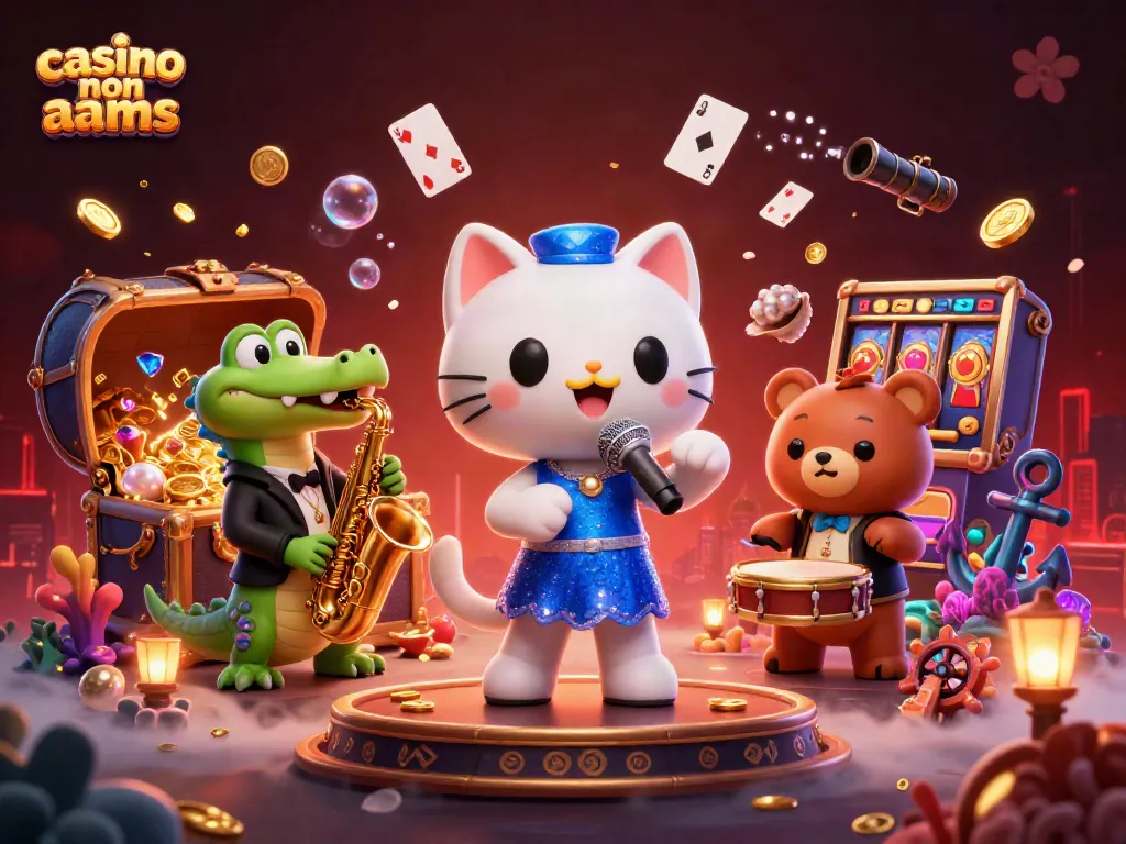 Immagine di un vivace spettacolo al casino non aams con un gatto cantante e animali unici.