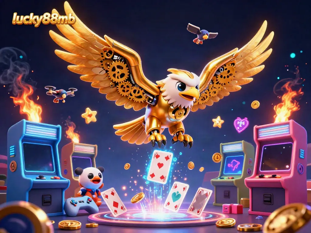 Experience high-stakes excitement at lucky88mb with a dynamic scene of a golden eagle amidst holographic cards and arcade machines.