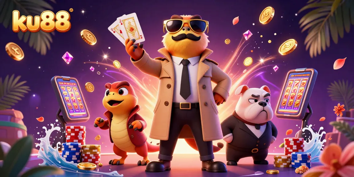 Experience exciting casino action with ku88 in this vibrant 3D illustration featuring raptors and sparkling gems.