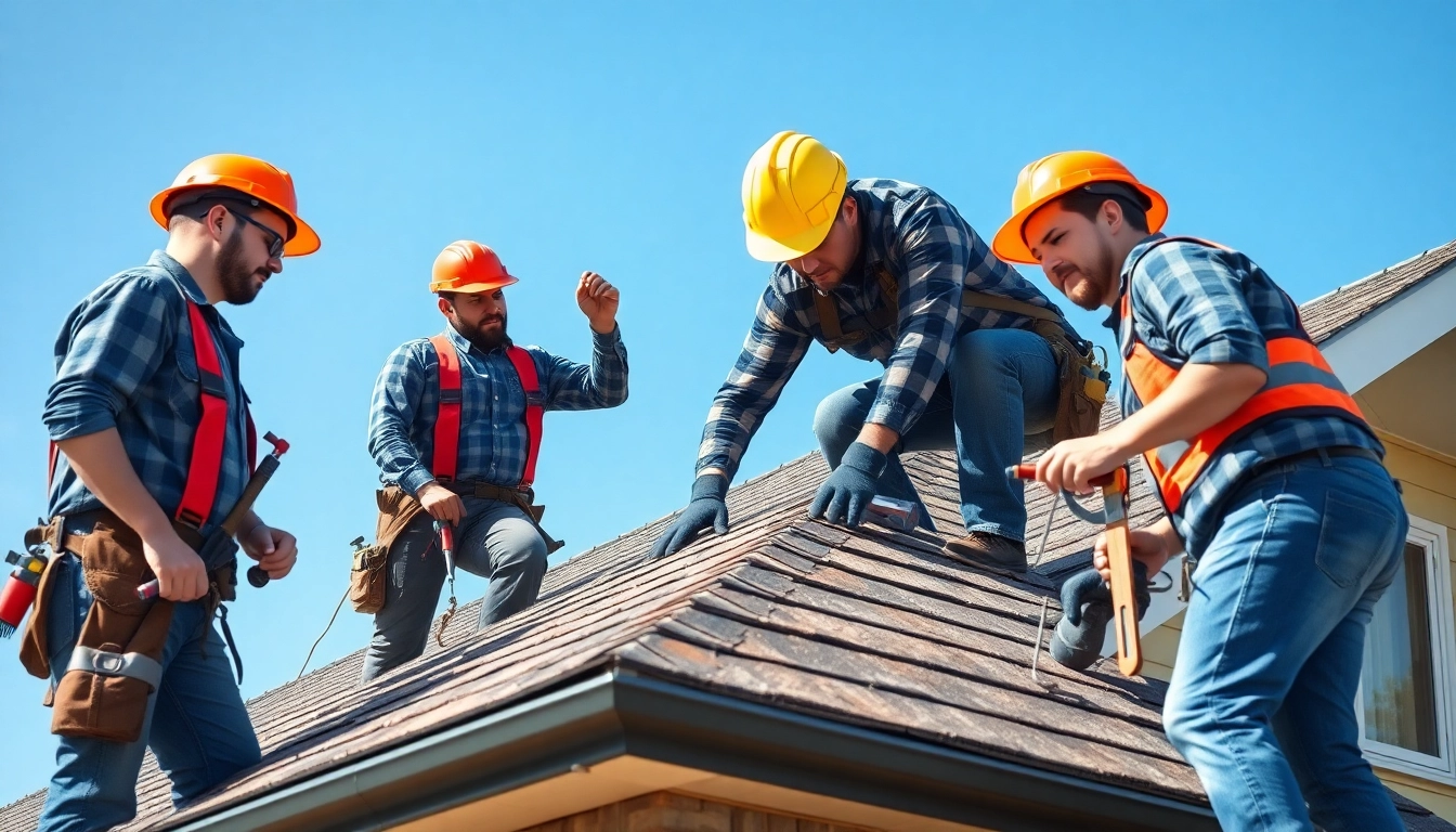 Skilled roofing company workers diligently installing roofing materials on a sunny day.