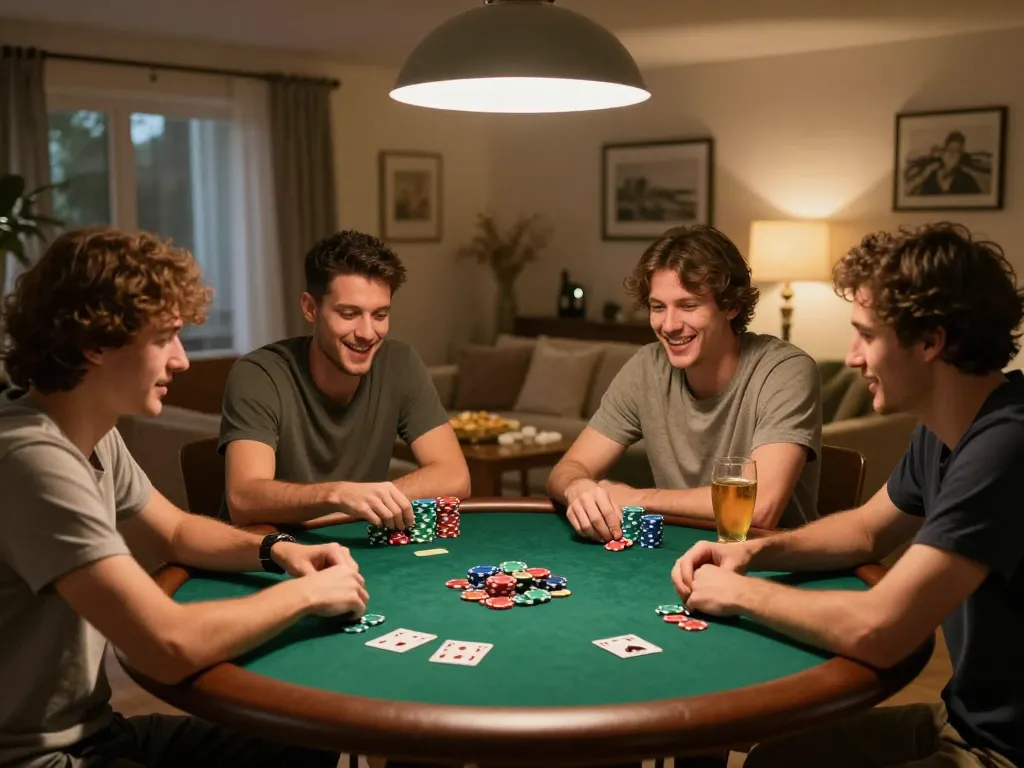Friends engaged in a lively poker game at home, enjoying a strategic session with mk8th themes.