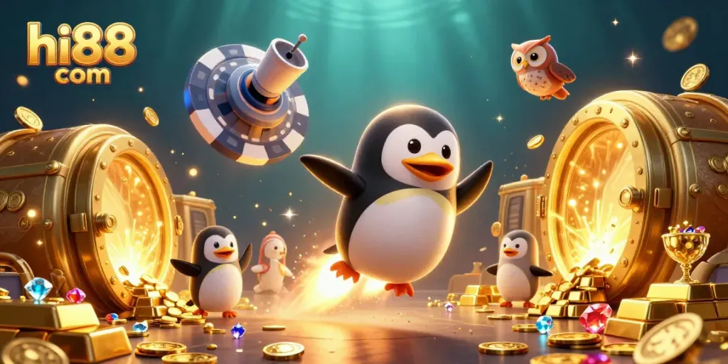 Experience the thrill of hi88 com as the golden penguin flies to its casino destination, surrounded by riches.