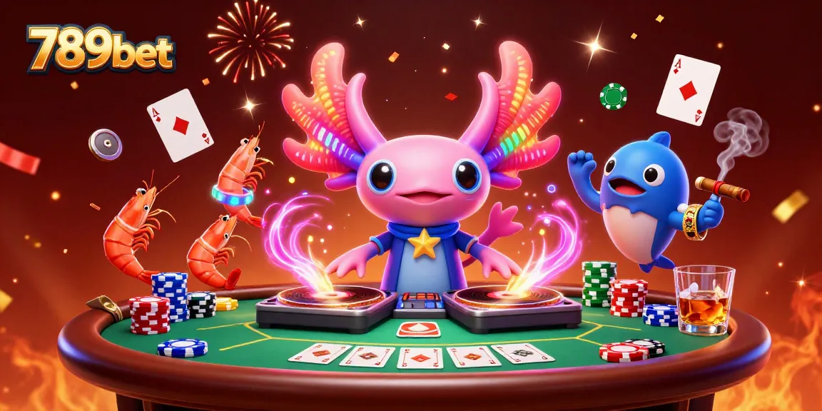 Engage with 789bet's vibrant casino world featuring an axolotl DJ and poker action.