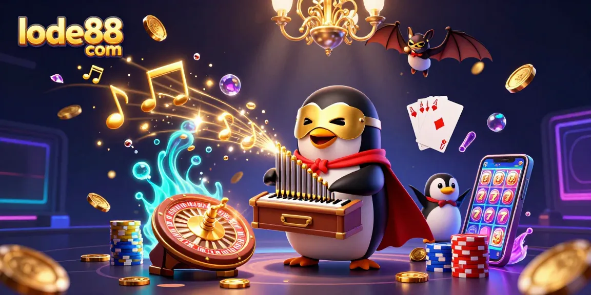 Experience the thrill of lode88 com with a vibrant 3D casino scene featuring a phantom penguin and dynamic gaming elements.
