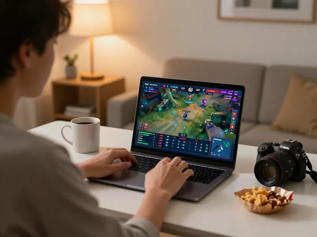 Engaging in esports betting singapore on a laptop at home, showcasing the excitement of competitive gaming.