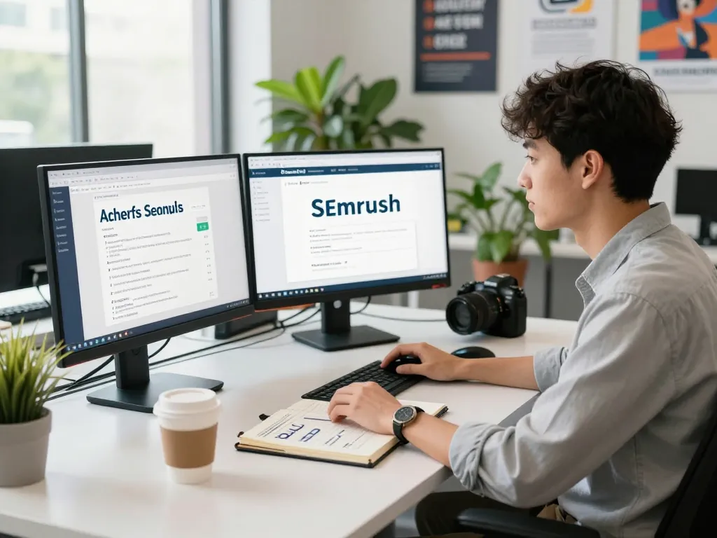 SEO specialist using group buy SEO tools in a vibrant office environment
