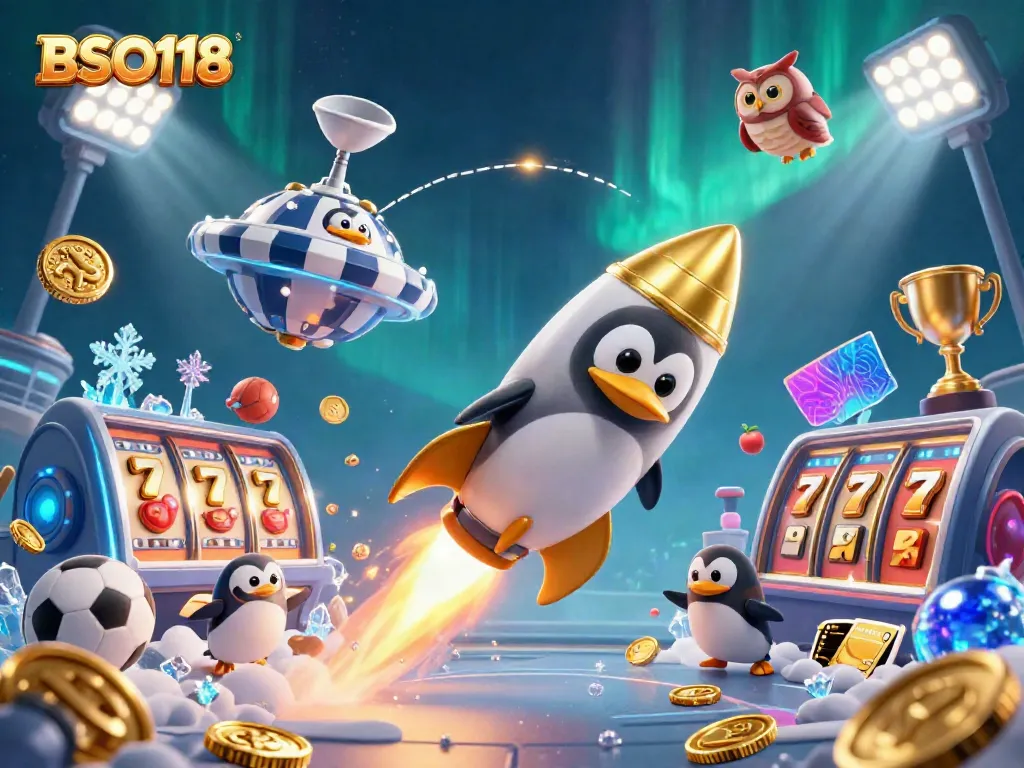 Experience thrilling wins with BSO118, featuring a golden penguin and vibrant casino elements.