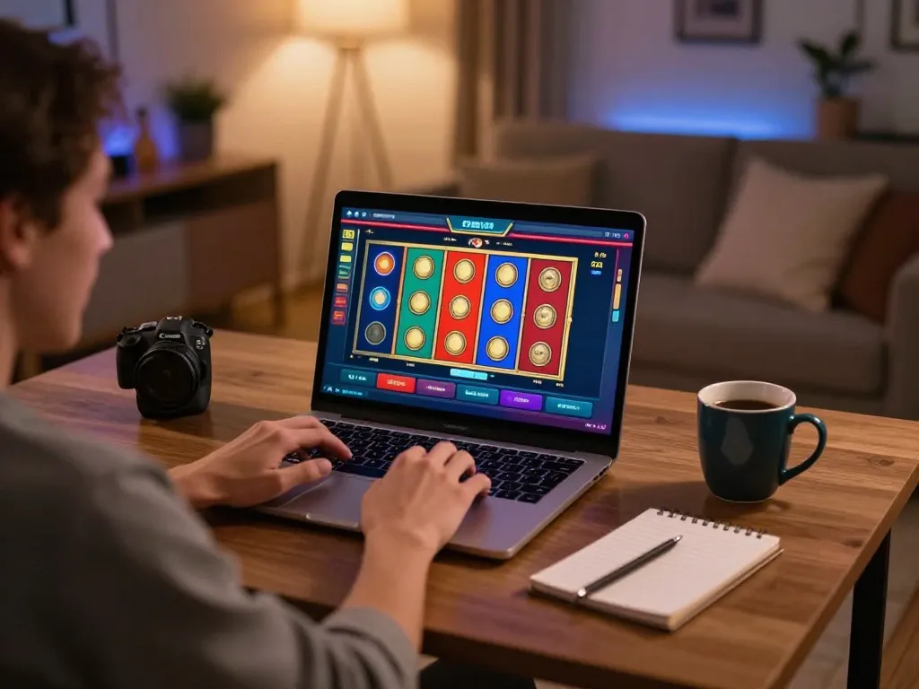 Engaging with situs slot gacor on a laptop in a cozy home setting, illustrating strategic online gaming.