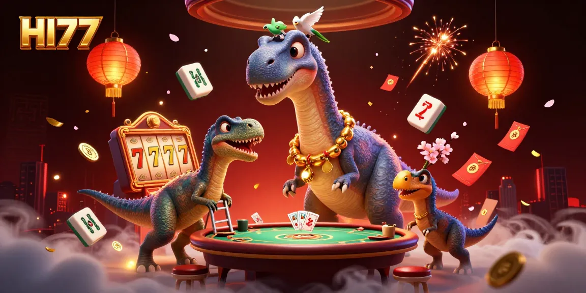 Experience the thrill of HI77's casino action with a dynamic 3D illustration featuring a brontosaurus and raptor.