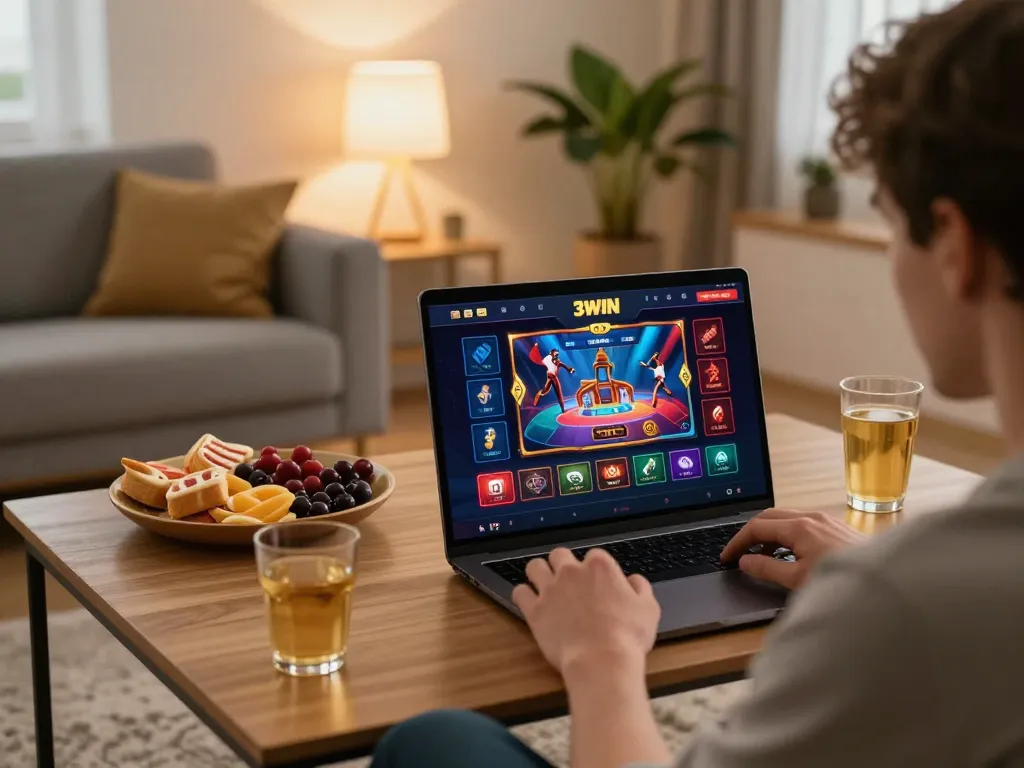 Player enjoying a thrilling 3win online gaming session on laptop in a cozy living room.