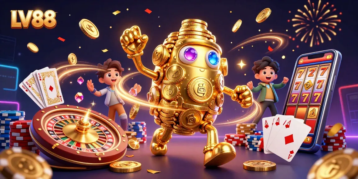 Watch LV88's golden golem capture attention with casino elements like coins, cards, and a roulette wheel.