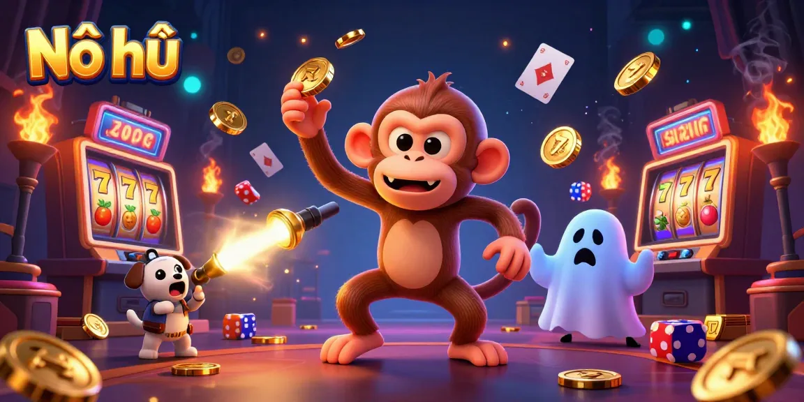 Nổ hũ reveals thrilling moments with a mischievous monkey juggling jackpot symbols in a vibrant casino.