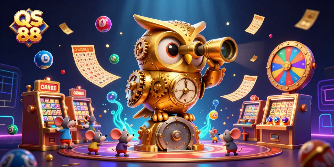 Engage with the thrilling QS 88 casino scene featuring dynamic lottery elements and charming characters.