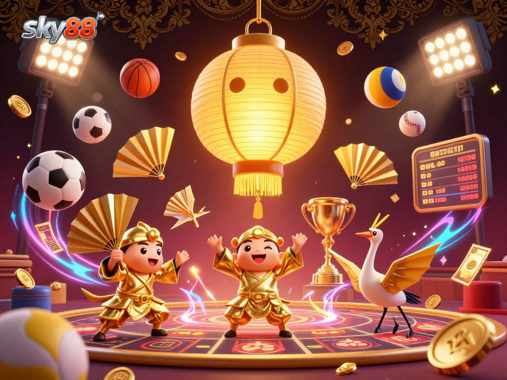 Experience thrilling moments at sky88 with a vibrant 3D casino scene showcasing golden spirits and dynamic sports elements.