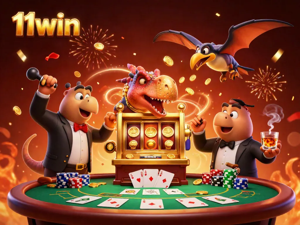 11win players enjoy a thrilling jackpot win with a pachycephalosaurus and an ankylosaur in a vibrant casino scene.