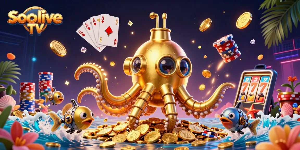 Socolive TV showcases a vibrant 3D scene of a golden kraken submarine amidst dynamic casino elements.