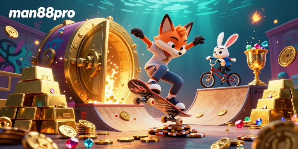 Experience gaming excitement with man88pro's vibrant casino scene featuring a playful 3D fox and rabbit.