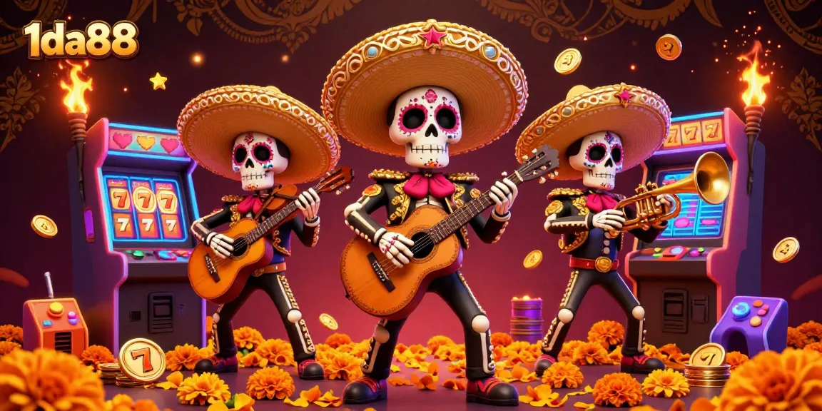 Engage with 1da88 in a vibrant scene featuring a mariachi band amidst slot game action and arcade excitement.
