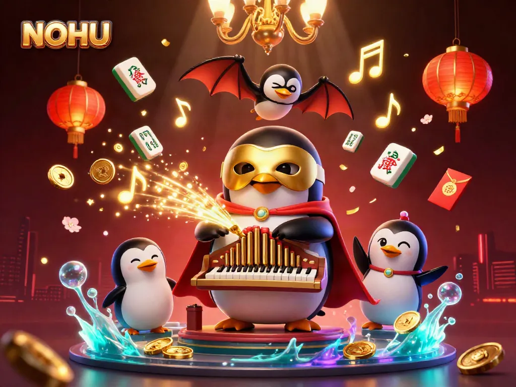Engaging 3D scene depicting the NOHU casino experience with a phantom penguin playing an organ, surrounded by festive elements.