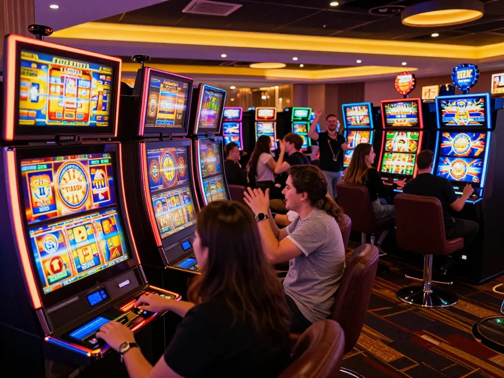 Sparking excitement at situs slot gacor with players enjoying vibrant slot machines in a lively casino ambiance.