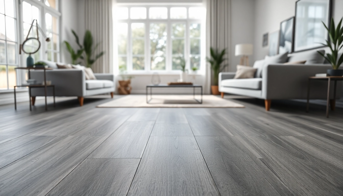 Showcase of grey vinyl flooring in a beautifully designed living room with natural light.