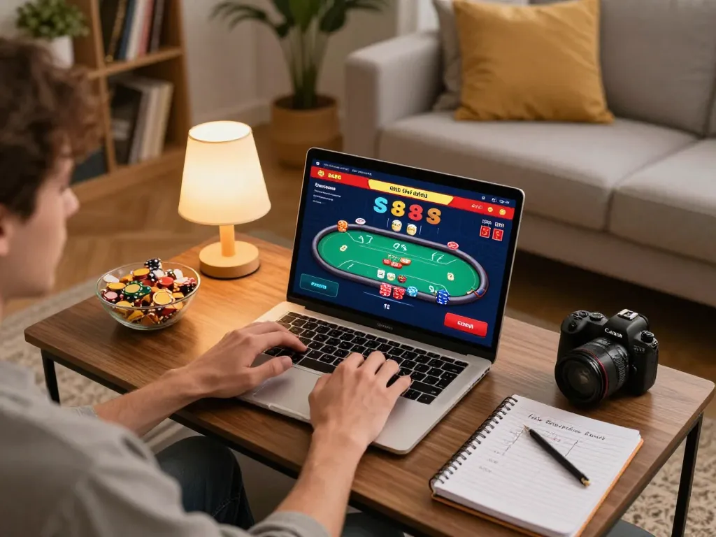 Player engaging with sc88's online poker game interface on a laptop in a cozy setting with snacks around.