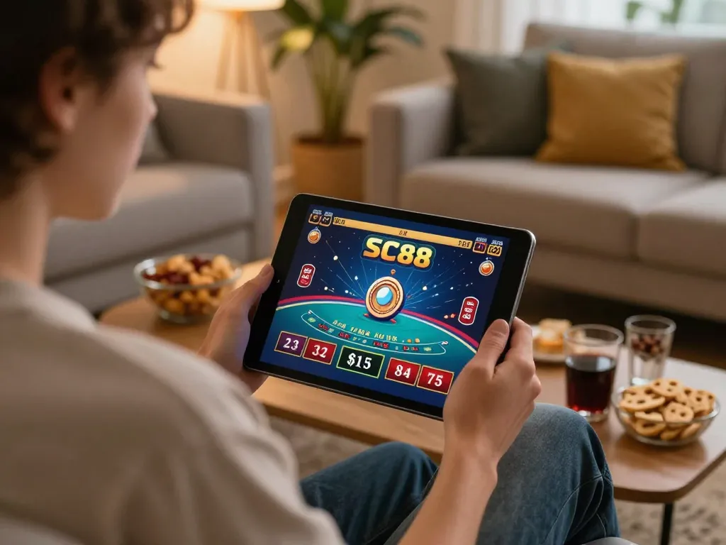 Player engaging with SC88 casino app on tablet while enjoying a cozy home atmosphere