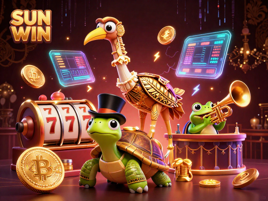 Experience the excitement of SUN WIN with a dynamic casino illustration featuring colorful game elements and lively characters.